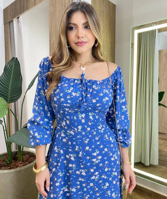 Vestido Lolo Manga Longo com Bojo Floral Azul - Fernanda Ramos Store