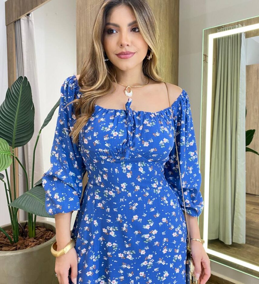 Vestido Lolo Manga Longo com Bojo Floral Azul - Fernanda Ramos Store