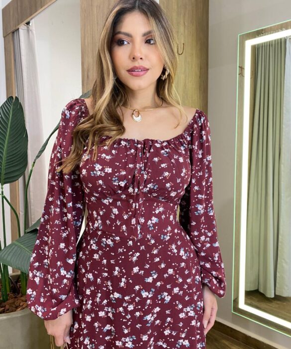Vestido Lolo Manga Longo com Bojo Floral Marsala - Fernanda Ramos Store