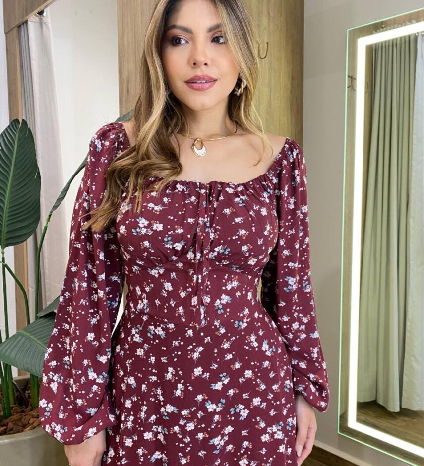 Vestido Lolo Manga Longo com Bojo Floral Marsala - Fernanda Ramos Store