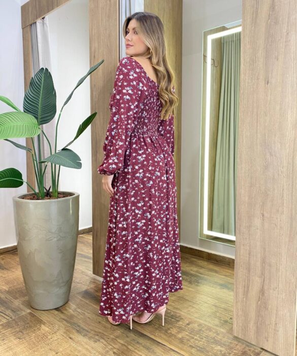 Vestido Lolo Manga Longo com Bojo Floral Marsala - Fernanda Ramos Store