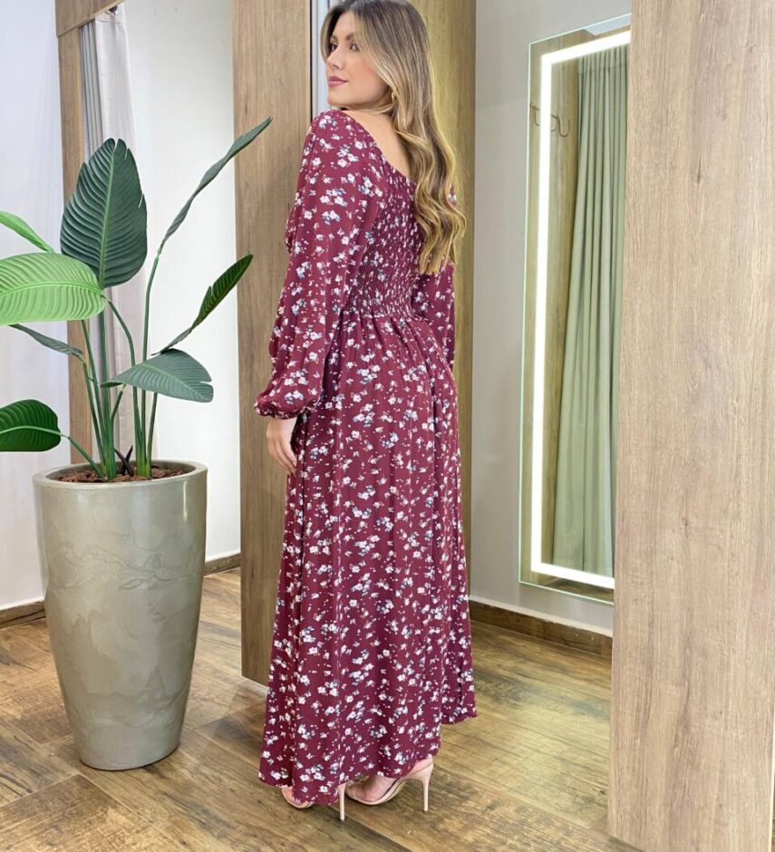 Vestido Lolo Manga Longo com Bojo Floral Marsala - Fernanda Ramos Store