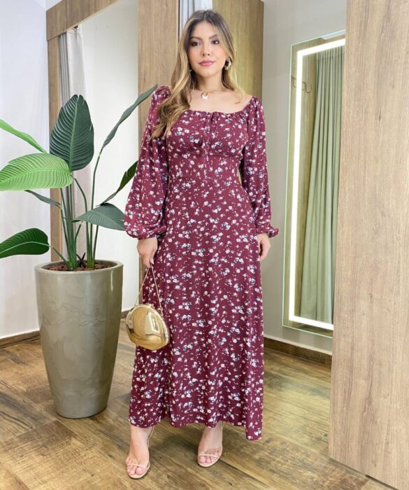 Vestido Lolo Manga Longo com Bojo Floral Marsala - Fernanda Ramos Store