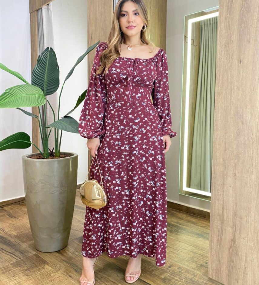 Vestido Lolo Manga Longo com Bojo Floral Marsala - Fernanda Ramos Store