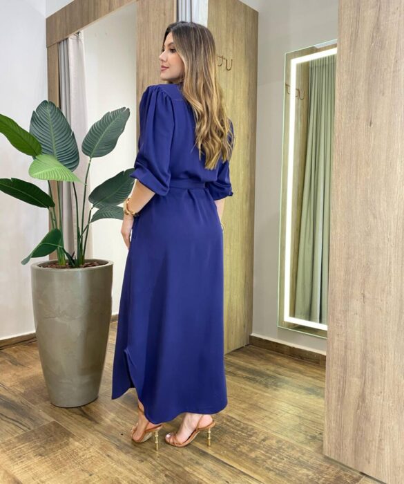 Vestido Longo Ana sem Bojo Manga Longa com Botões e Amarração Azul - Fernanda Ramos Store