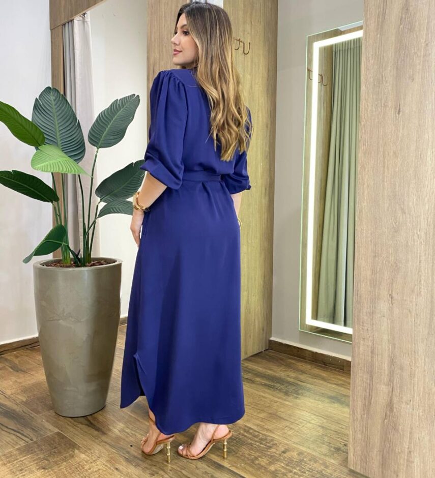 Vestido Longo Ana sem Bojo Manga Longa com Botões e Amarração Azul - Fernanda Ramos Store