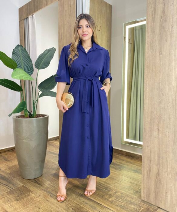 Vestido Longo Ana sem Bojo Manga Longa com Botões e Amarração Azul - Fernanda Ramos Store