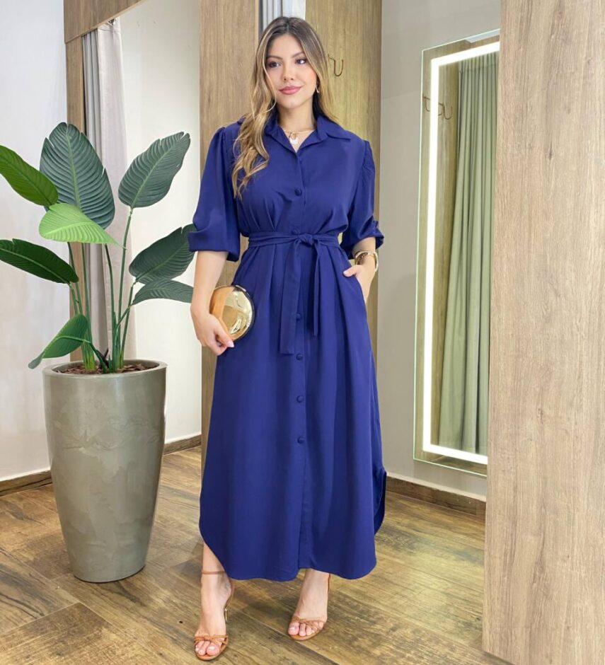 Vestido Longo Ana sem Bojo Manga Longa com Botões e Amarração Azul - Fernanda Ramos Store