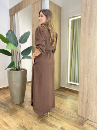Vestido Longo Ana sem Bojo Manga Longa com Botões e Amarração Marrom - Fernanda Ramos Store
