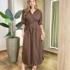 Vestido Longo Ana sem Bojo Manga Longa com Botões e Amarração Marrom - Fernanda Ramos Store