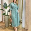 Vestido Longo Ana sem Bojo Manga Longa com Botões e Amarração Verde - Fernanda Ramos Store