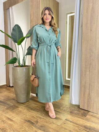 Vestido Longo Ana sem Bojo Manga Longa com Botões e Amarração Verde - Fernanda Ramos Store