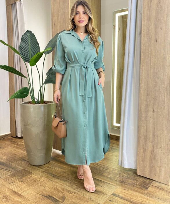 Vestido Longo Ana sem Bojo Manga Longa com Botões e Amarração Verde - Fernanda Ramos Store