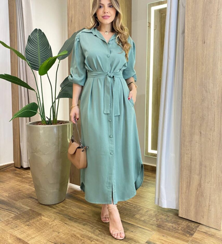 Vestido Longo Ana sem Bojo Manga Longa com Botões e Amarração Verde - Fernanda Ramos Store