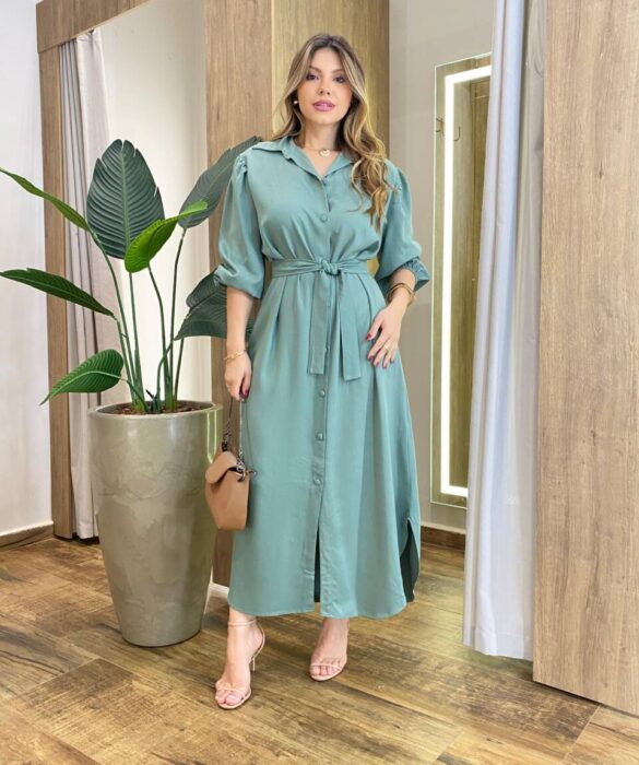Vestido Longo Ana sem Bojo Manga Longa com Botões e Amarração Verde - Fernanda Ramos Store