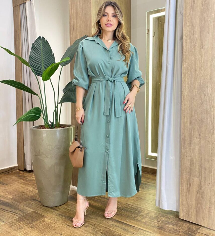 Vestido Longo Ana sem Bojo Manga Longa com Botões e Amarração Verde - Fernanda Ramos Store