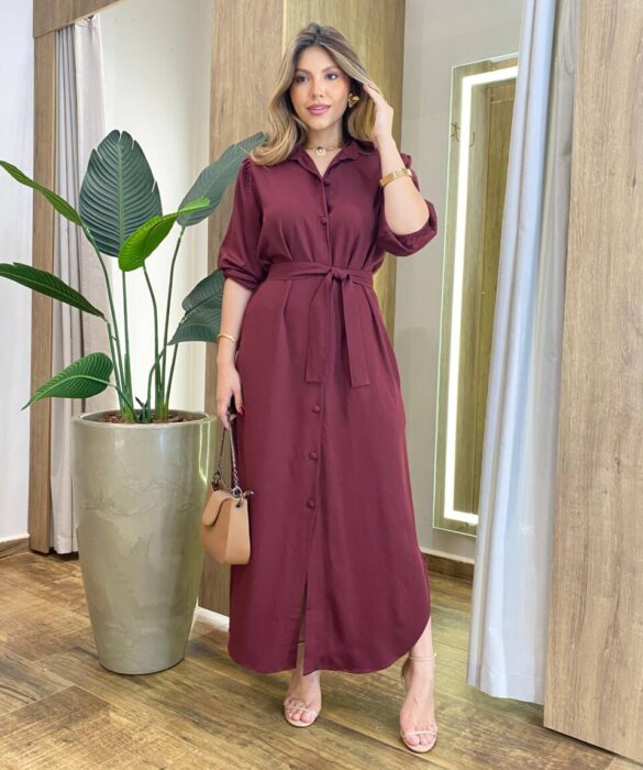Vestido Longo Ana sem Bojo Manga Longa com Botões e Amarração Vinho - Fernanda Ramos Store