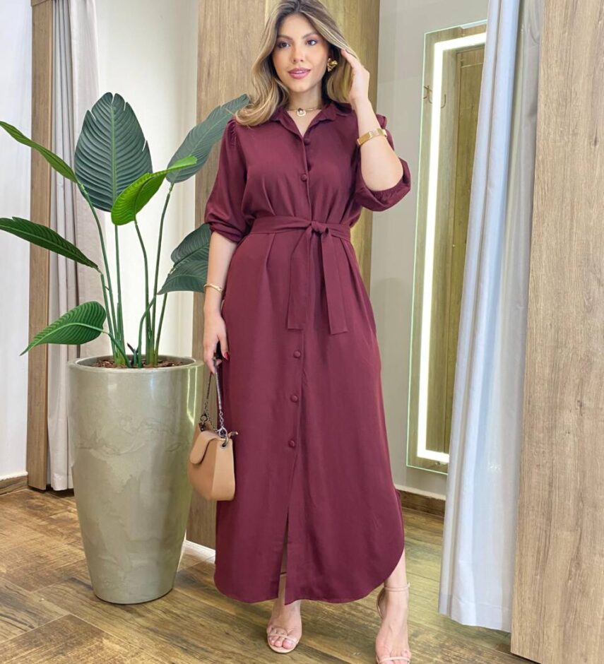 Vestido Longo Ana sem Bojo Manga Longa com Botões e Amarração Vinho - Fernanda Ramos Store