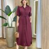 Vestido Longo Ana sem Bojo Manga Longa com Botões e Amarração Vinho - Fernanda Ramos Store