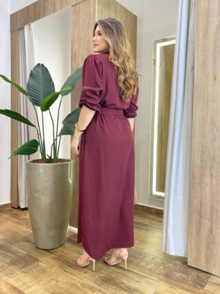 Vestido Longo Ana sem Bojo Manga Longa com Botões e Amarração Vinho - Fernanda Ramos Store