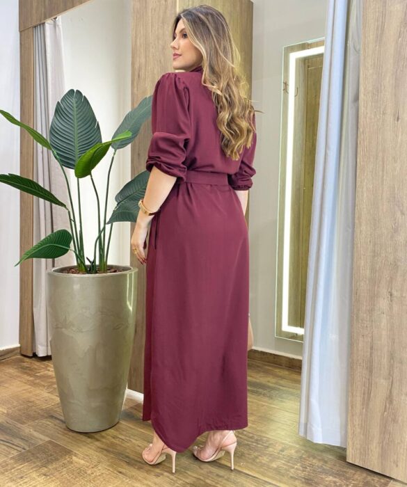 Vestido Longo Ana sem Bojo Manga Longa com Botões e Amarração Vinho - Fernanda Ramos Store