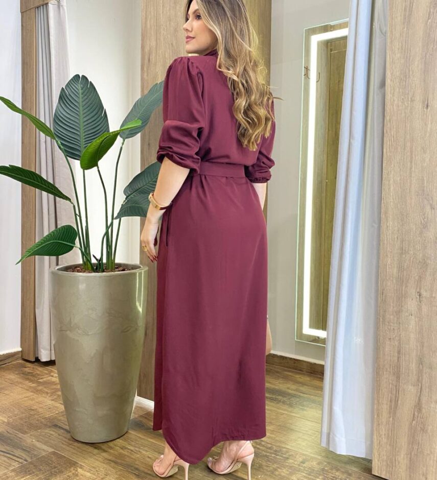 Vestido Longo Ana sem Bojo Manga Longa com Botões e Amarração Vinho - Fernanda Ramos Store