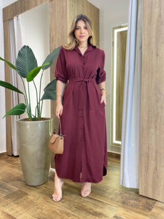 Vestido Longo Ana sem Bojo Manga Longa com Botões e Amarração Vinho - Fernanda Ramos Store