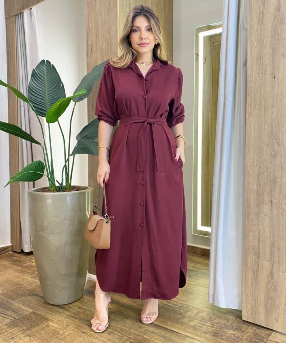 Vestido Longo Ana sem Bojo Manga Longa com Botões e Amarração Vinho - Fernanda Ramos Store