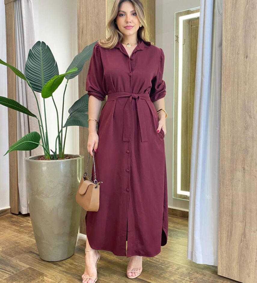 Vestido Longo Ana sem Bojo Manga Longa com Botões e Amarração Vinho - Fernanda Ramos Store