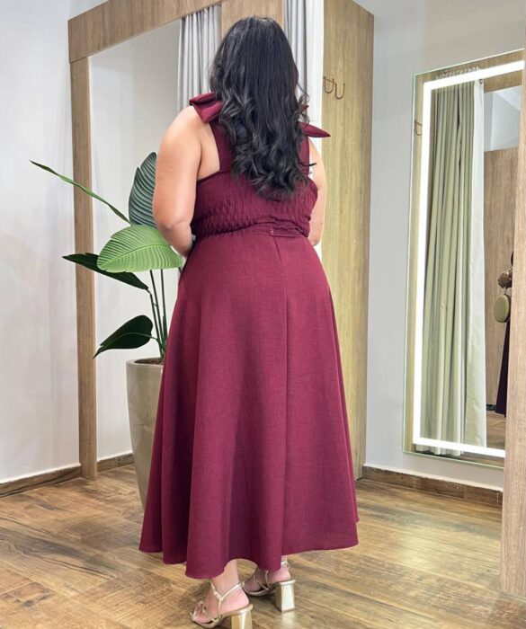 Vestido Longo com Bojo Plus Detalhe em Laço com Lastex Vinho - Fernanda Ramos Store