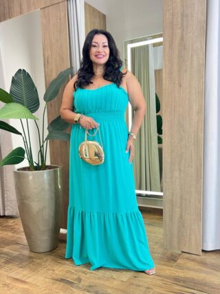 Vestido Longo com Bojo Plus Detalhe em Lastex e Friso Verde - Fernanda Ramos Store