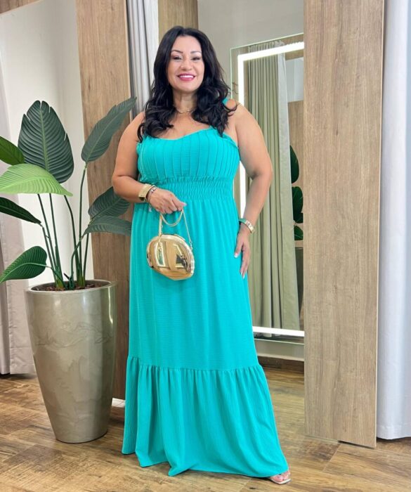 Vestido Longo com Bojo Plus Detalhe em Lastex e Friso Verde - Fernanda Ramos Store