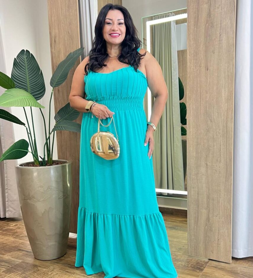 Vestido Longo com Bojo Plus Detalhe em Lastex e Friso Verde - Fernanda Ramos Store
