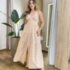 Vestido Longo Dani com Bojo com Lastex e Botões Xadrez Bege - Fernanda Ramos Store