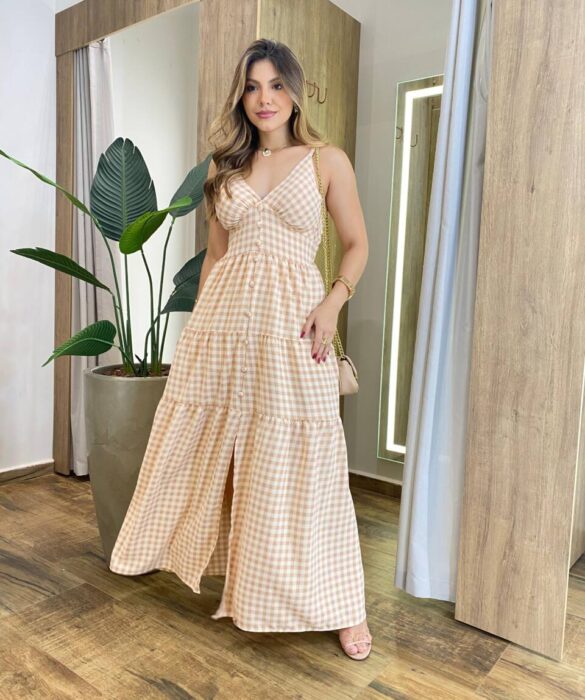 Vestido Longo Dani com Bojo com Lastex e Botões Xadrez Bege - Fernanda Ramos Store