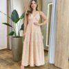 Vestido Longo Dani com Bojo com Lastex e Botões Xadrez Bege - Fernanda Ramos Store