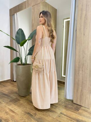 Vestido Longo Dani com Bojo com Lastex e Botões Xadrez Bege - Fernanda Ramos Store