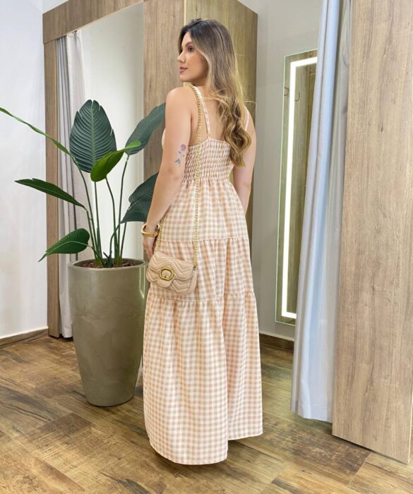 Vestido Longo Dani com Bojo com Lastex e Botões Xadrez Bege - Fernanda Ramos Store