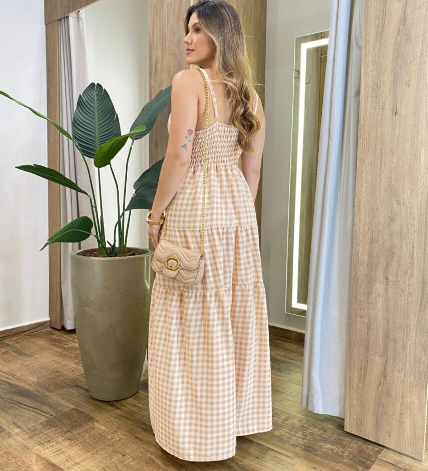 Vestido Longo Dani com Bojo com Lastex e Botões Xadrez Bege - Fernanda Ramos Store