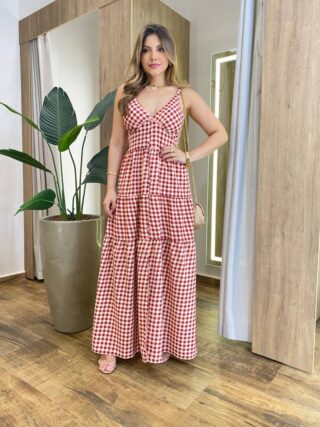 Vestido Longo Dani com Bojo com Lastex e Botões Xadrez Vermelha - Fernanda Ramos Store