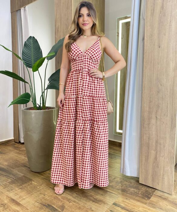 Vestido Longo Dani com Bojo com Lastex e Botões Xadrez Vermelha - Fernanda Ramos Store