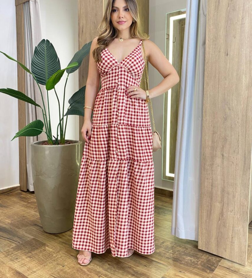 Vestido Longo Dani com Bojo com Lastex e Botões Xadrez Vermelha - Fernanda Ramos Store