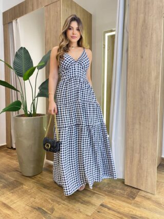 Vestido Longo Dani com Bojo com Lastex e Botões Xadrez Preto - Fernanda Ramos Store