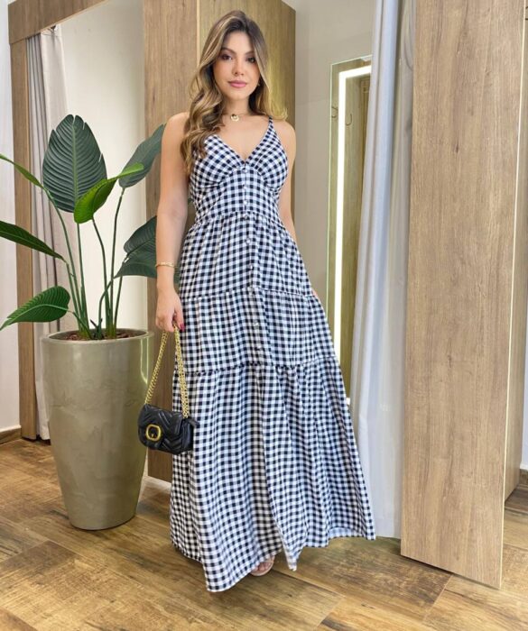Vestido Longo Dani com Bojo com Lastex e Botões Xadrez Preto - Fernanda Ramos Store