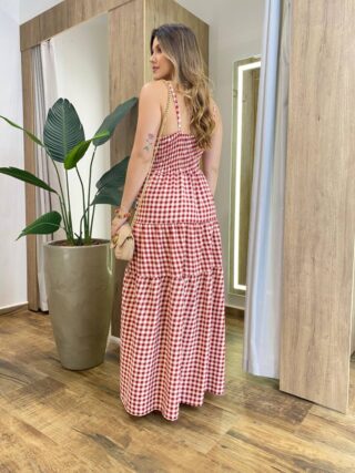 Vestido Longo Dani com Bojo com Lastex e Botões Xadrez Vermelha - Fernanda Ramos Store