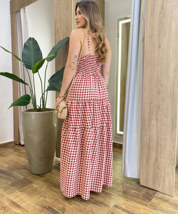 Vestido Longo Dani com Bojo com Lastex e Botões Xadrez Vermelha - Fernanda Ramos Store