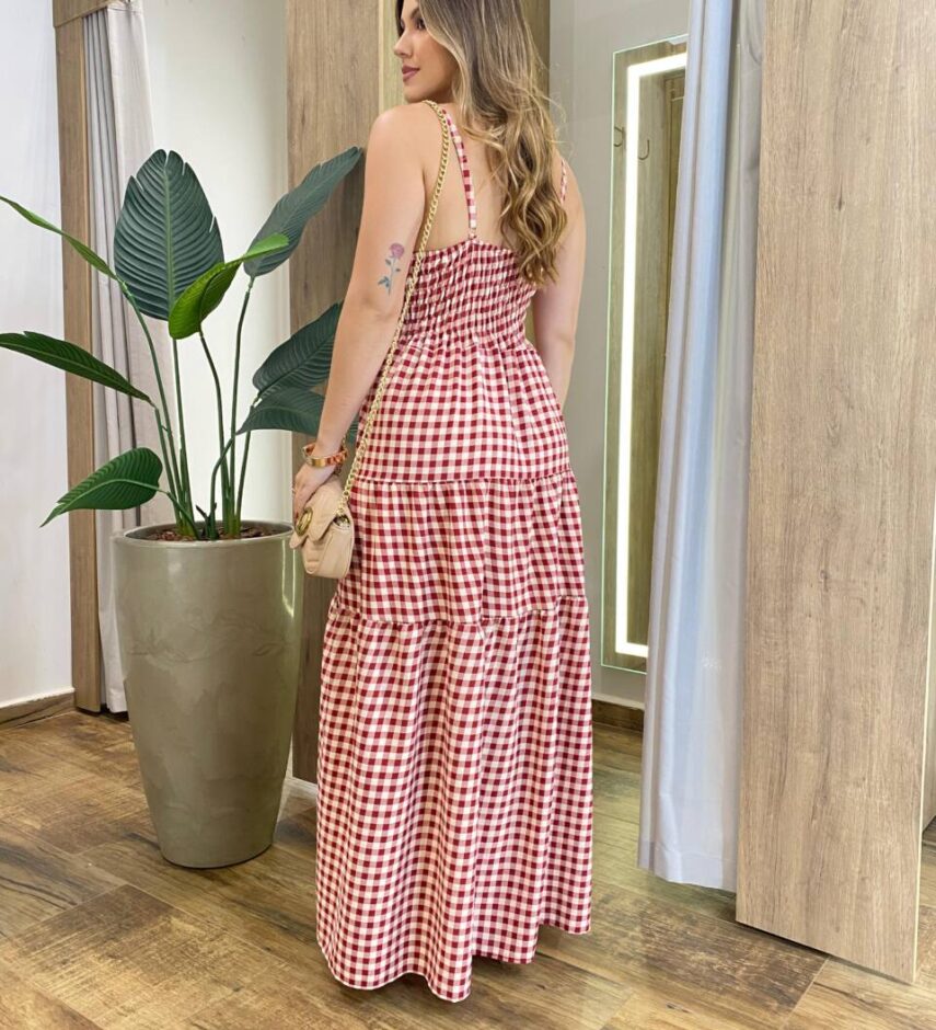 Vestido Longo Dani com Bojo com Lastex e Botões Xadrez Vermelha - Fernanda Ramos Store