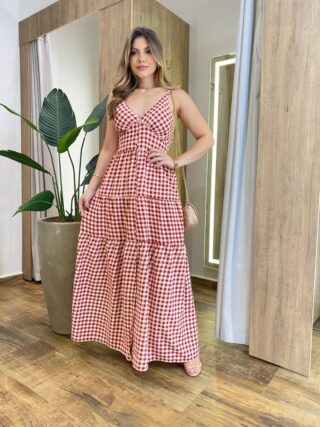 Vestido Longo Dani com Bojo com Lastex e Botões Xadrez Vermelha - Fernanda Ramos Store