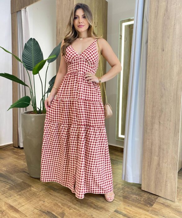 Vestido Longo Dani com Bojo com Lastex e Botões Xadrez Vermelha - Fernanda Ramos Store