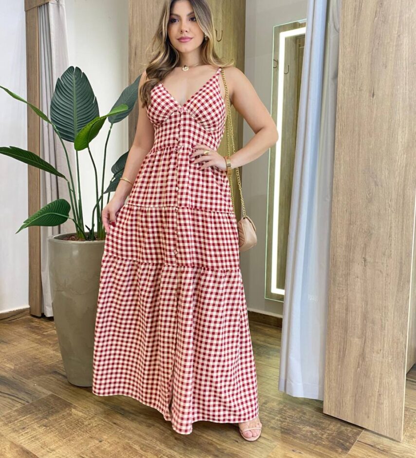 Vestido Longo Dani com Bojo com Lastex e Botões Xadrez Vermelha - Fernanda Ramos Store